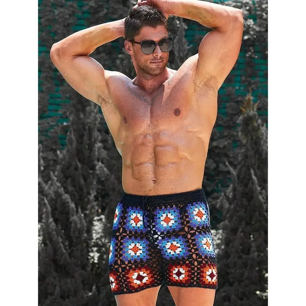 NEW Shein Manfinity RSRT Mens Floral Crochet Drawstring Waist Shorts Black Small